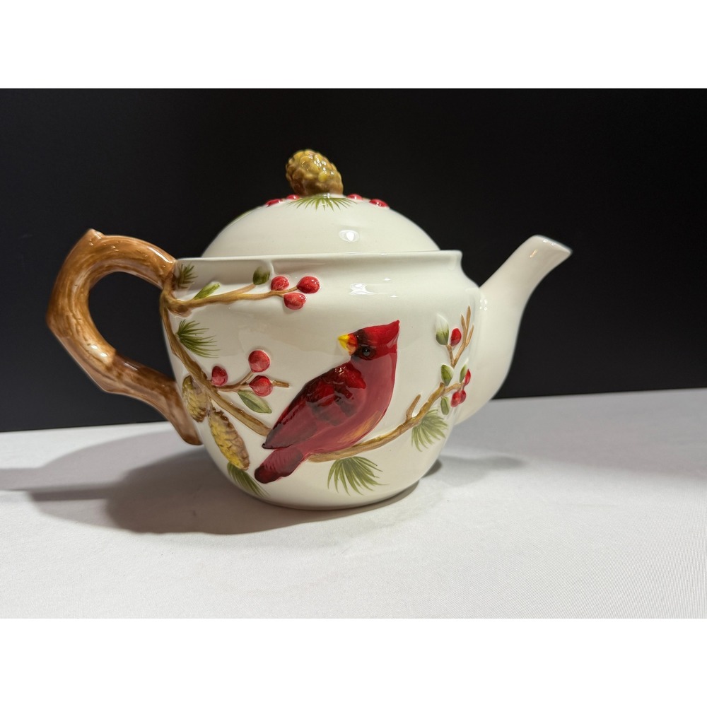 Harry & David Red Cardinal Christmas Teapot Pinecone Branch Ceramic HP8600404